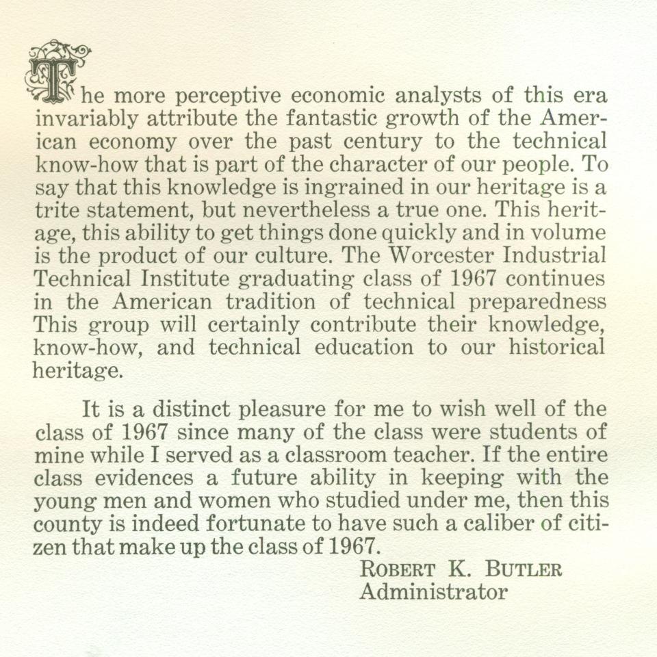 Worcester Industrial Technical Institute Class of 1967 Yearbook Robert Butler Administrator Message