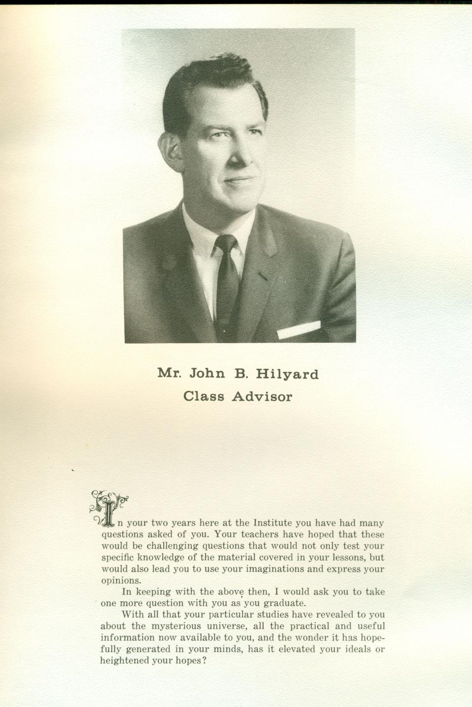 Worcester Industrial Technical Institute Class of 1967 Yearbook John Hilyard Class advisor Message