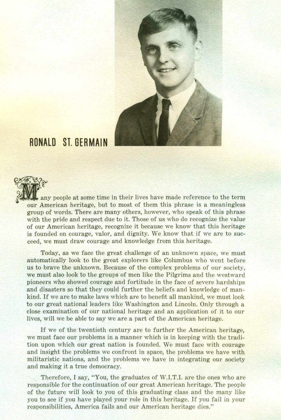 Worcester Industrial Technical Institute Class of 1967 Yearbook Class President Message Ronald St. Germain
