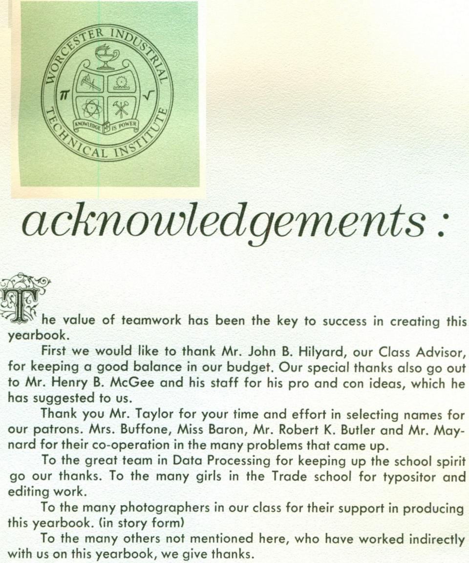 Worcester Industrial Technical Institute Class of 1967 Yearbook Acknowledgements