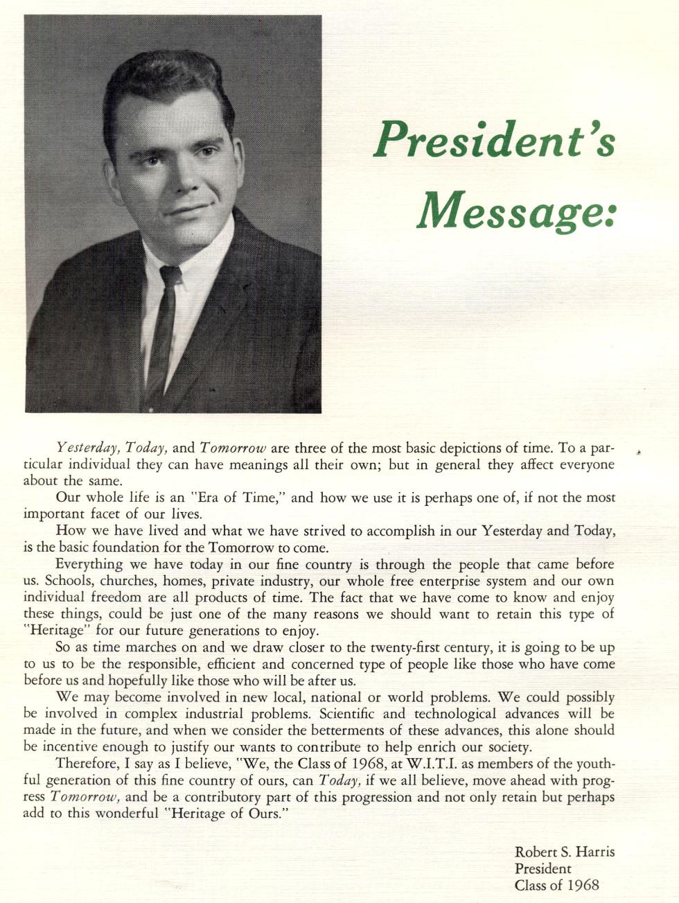 Worcester Industrial Technical Institute Class of 1968 Yearbook Class President Message