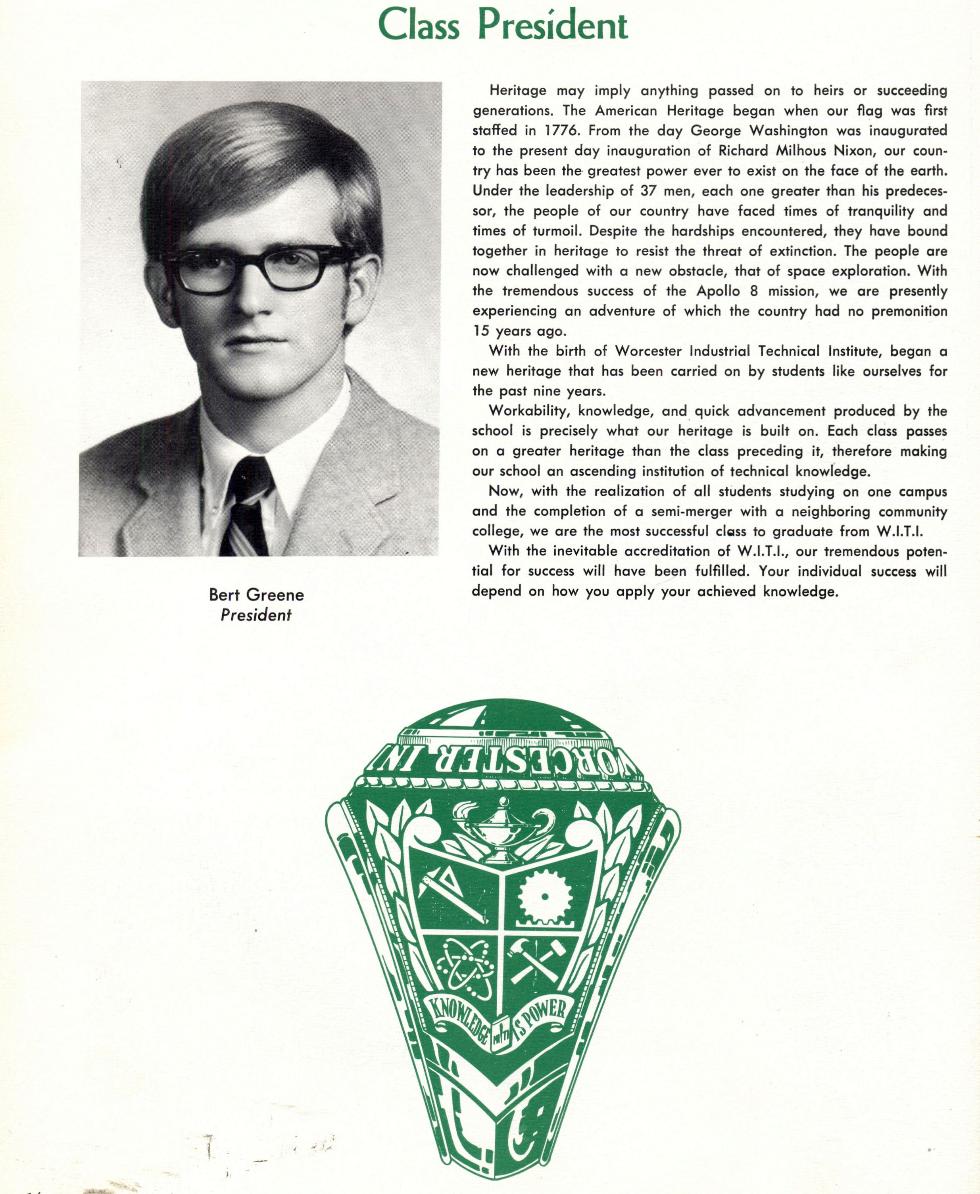 Worcester Industrial Technical Institute - Class of 1969 Yearbook - Class President Message